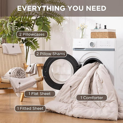 7 Pieces King Comforter Set - Utral Soft Microfiber Bedding Set, Thick Duvet Insert Bed in a Bag Without Rustling Noise for All Season, Beige (102"x90")