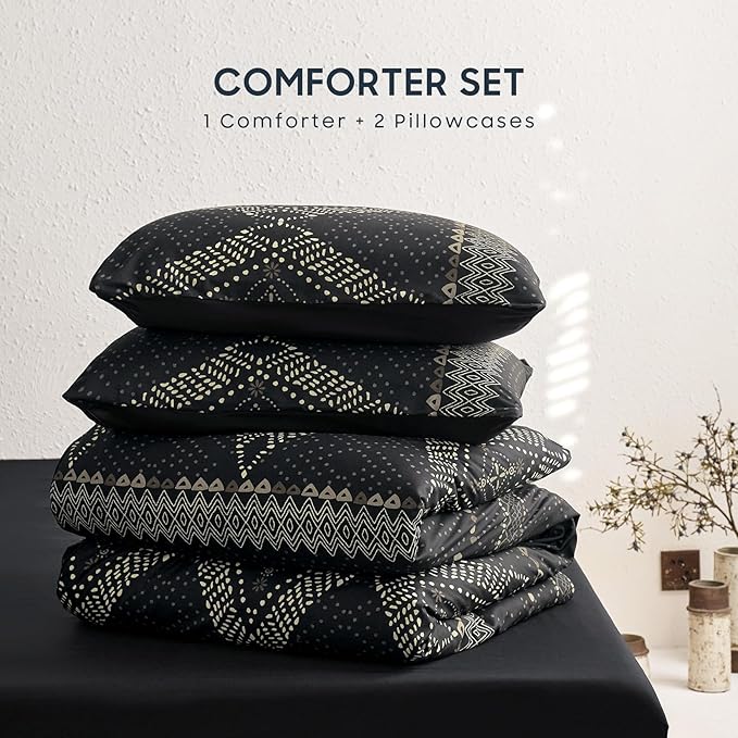 Wake In Cloud - Boho Comforter Set, Farmhouse Bohemian Western Aztec Neutral Aesthetic, Soft Lightweight Bedding, 3 Pieces, Charcoal Black, King Size