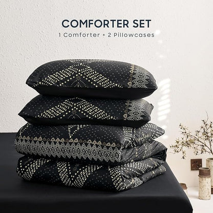 Wake In Cloud - Boho Comforter Set, Farmhouse Bohemian Western Aztec Neutral Aesthetic, Soft Lightweight Bedding, 3 Pieces, Charcoal Black, Queen Size