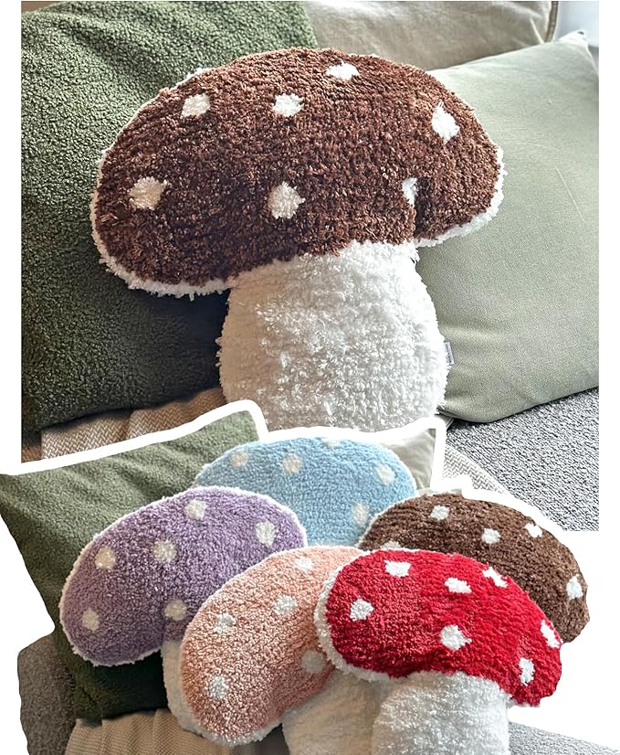 Mushroom Throw Pillow Tufted Shape Decorative Cushion 15” x 15” – Decor for Bed, Couch, Living Room (Brown)