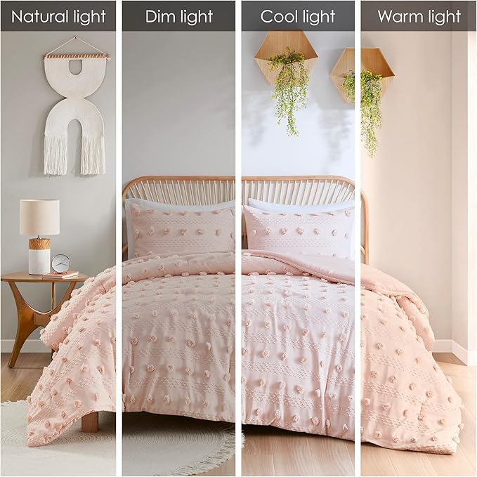 Intelligent Design Queen Comforter Set, Clipped Jacquard Comforter Set Chic Pompoms Accent, All Seasons Lightweight & Fluffy Comforter Bed Set with 2 Shams, Lucy, Full/Queen Pink 3 Piece
