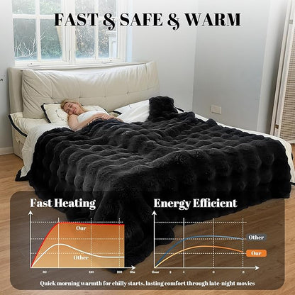 IUUI Electric Heated Blanket Queen 84''x90'',Luxury Faux Rabbit Fur Heating Throw Blankets,Fast Heating with 1/2/4/6/8/10 Hours,Overheat Protection, Quick Heating, Memory Function, Gift-Ready Design