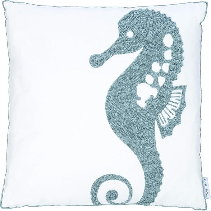 Levtex Home - Blue Maui - Decorative Pillow (18 x 18in.) - Embroidered Seahorse - Teal and White