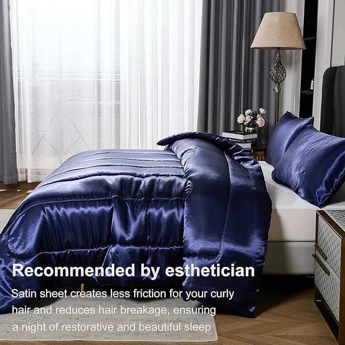 Satin Comforter Set Queen Silk Like Blue Bedding Comforter Luxury Hotel Silky Bed Home Deocr 1 Comforter 2 Pillowcases (Queen, Navy Blue)