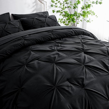 Ubauba 7pc Black King Size Comforter Set with Sheets, 7 Piece Pinch Pleating Bed in a Bag Sets, Pintuck All Season Beddings with Comforter (Black,King)