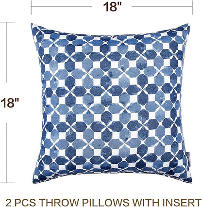JMGBird Waterproof Outdoor Pillows Set of 2, 18x18 inch Weather Resistant White with Diamond Blue Petal Pattern Throw Pillows with Inserts for Patio Furniture