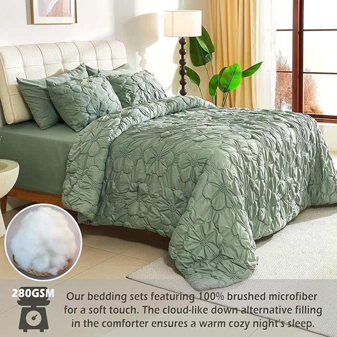 Cmfshape Green Pinch Pleat Comforter Set King Size-7 Pieces Bedding Comforter Bed in A Bag-Lightweight Microfiber Bedding Set with Comforter,Fitted Sheet,Flat Sheet and Pillow Shams-104 x90