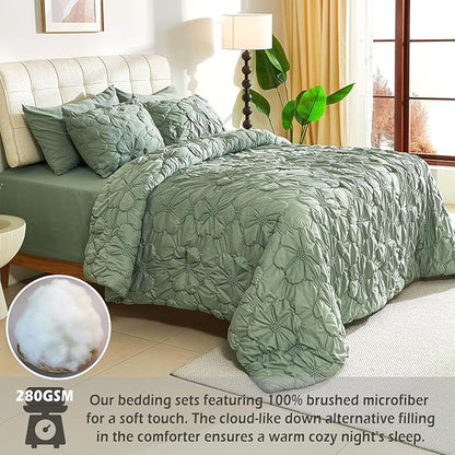 Cmfshape Green Pinch Pleat Comforter Set King Size-7 Pieces Bedding Comforter Bed in A Bag-Lightweight Microfiber Bedding Set with Comforter,Fitted Sheet,Flat Sheet and Pillow Shams-104 x90