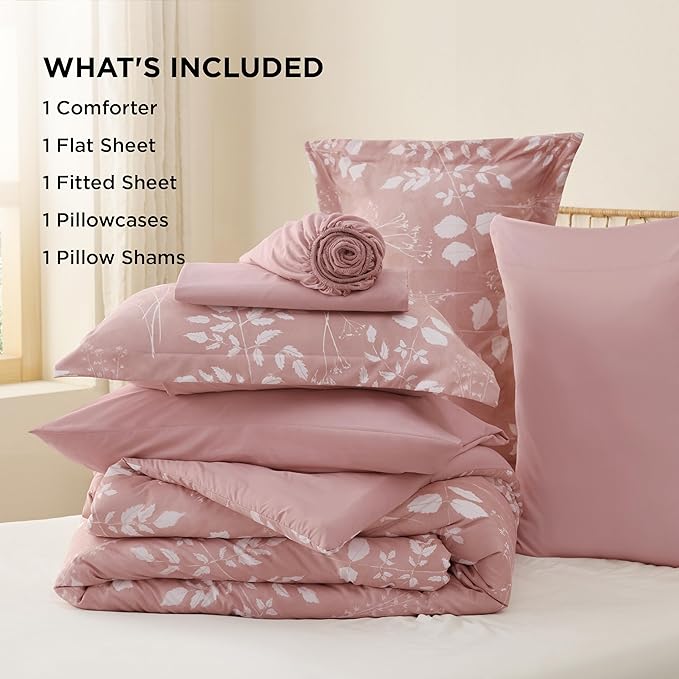 Bedsure Rose Pink King Comforter Set - 7 Pieces Floral Bedding Sets King Bed in a Bag with Reversible Botanical Flowers Comforter, Sheets, Pillowcases & Shams