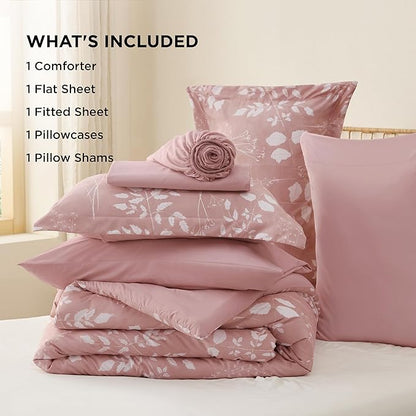 Bedsure Rose Pink King Comforter Set - 7 Pieces Floral Bedding Sets King Bed in a Bag with Reversible Botanical Flowers Comforter, Sheets, Pillowcases & Shams