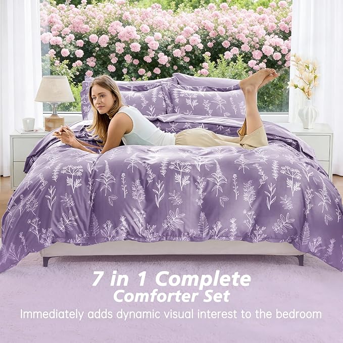 MUXHOMO Grayish Purple Bed in a Bag King 7 Pieces, King Comforter Set Reversible Botanical Flowers Design, Ultra Soft & Breathable Bedding Sets with Comforter, Sheets, Pillowcases & Shams