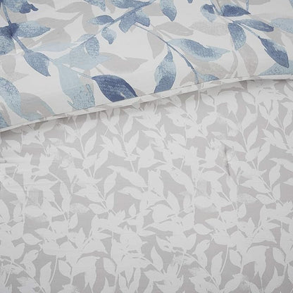Madison Park Essentials Cozy Bed in a Bag Reversible Comforter with Complete Sheet Set - Modern Botanical Print All Season Cover, Shams, Decorative Pillow, Cal King(104"x92"), Blue 8 Piece