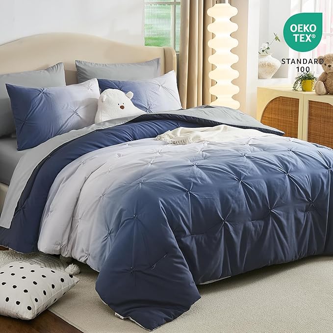 Dinjoy Ombre Comforter Set Twin Size, 5-Piece Bed in a Bag for Kid Teen, Pintuck Colorful Rainbow Bedding Sets with Comforter, Flat Sheet, Fitted Sheet and Pillowcases & Shams, Blue