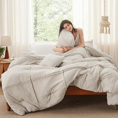 Bedsure Twin Comforter Set - 3 Pieces Grid Pleat Bed Set, Beige Boho Bedding for All Season, 1 Soft Comforter, 1 Pillowcase, 1 Decorative Pillow