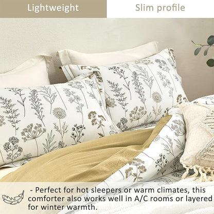 White Botanical Cotton Comforter King Size - 3PC Lightweight Bedding Sets with Ultra-Soft Alternative Fill, Luxurious Pale Mustard Reversible Design (1 Comforter, 2 Pillowshams)