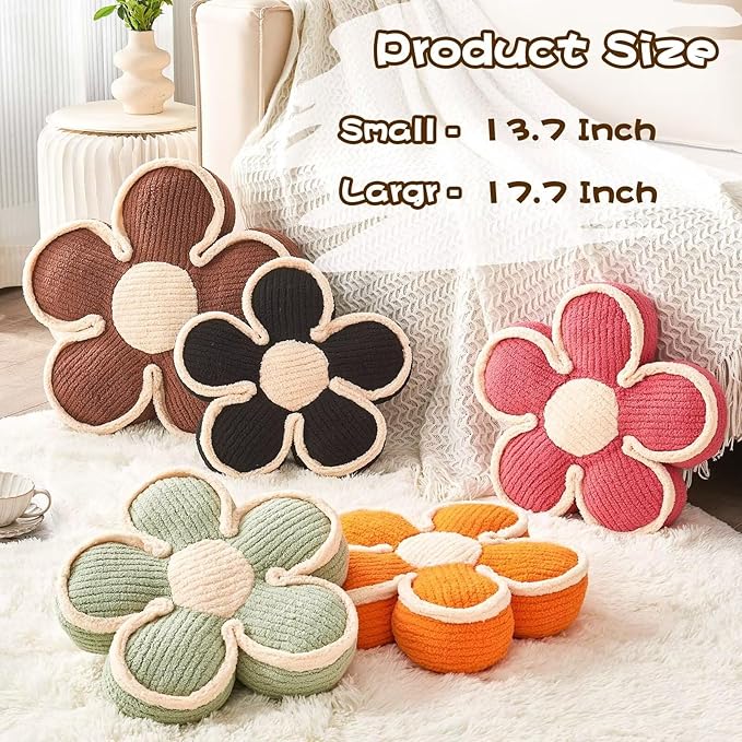 Soft Flower Shaped Floor Cushion, Plush Decorative Throw Pillow, Cute Seating Cushion, Room Decor Pillow for Sofa Couch Bed (13.7 Inch, Black)