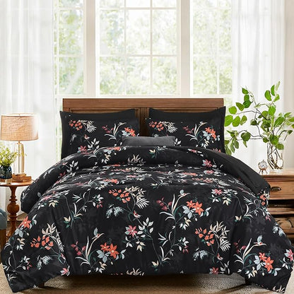 Black King Comforter Size Set, 7 Pieces Floral Bed in a Bag Bedding Sets, Lightweight Soft Comforter and Sheet Set, All Season Microfiber Flower Bedding Sets