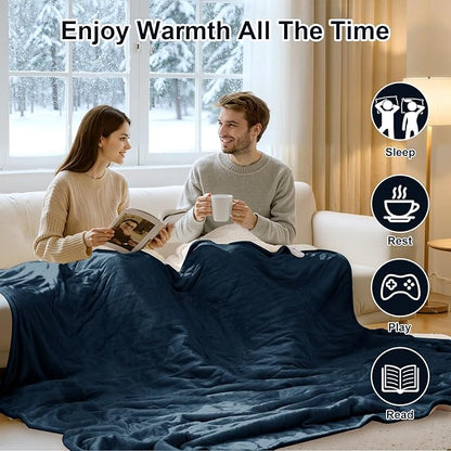 Queen Size Heated Blanket - Dual Control Electric Blanket Queen with 5 Heating Levels, 10 Hours Auto Off, Overheat Protection, Washable Flannel Sherpa Heating Blanket, 84 x 90 Inch, Navy