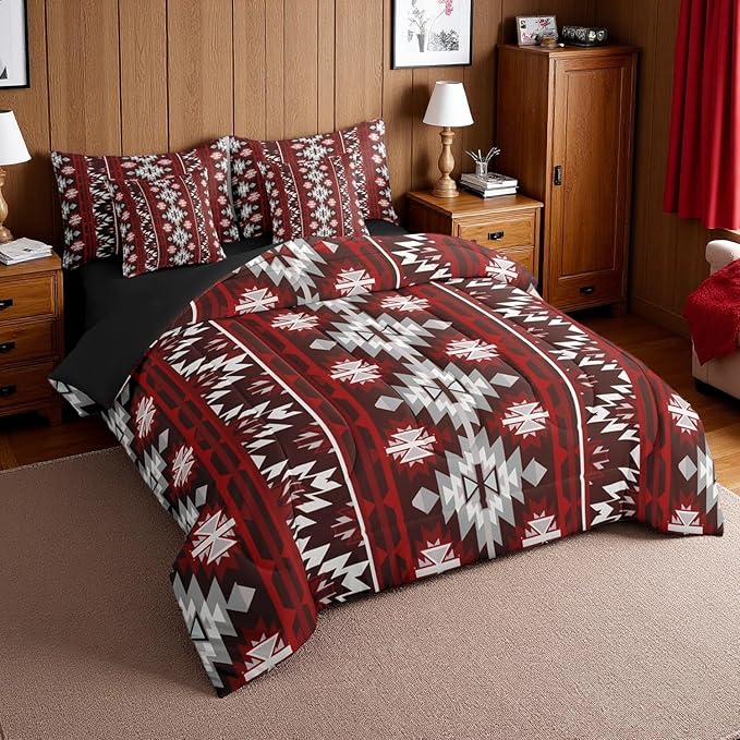 Erosebridal Western Aztec Bedding Set Twin 7 Piece Rustic Southwestern Tribal Comforter Set Bohemian Geometric Vintage Bed in A Bag Boho Tribal Farmhouse Style Quilt with Flat Fitted Sheet