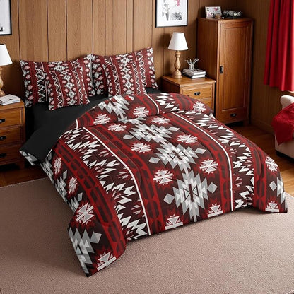 Erosebridal Western Aztec Bedding Set King 7 Piece Rustic Southwestern Tribal Comforter Set Bohemian Geometric Vintage Bed in A Bag for Adults Boho Tribal Farmhouse Style Quilt with Flat Fitted Sheet