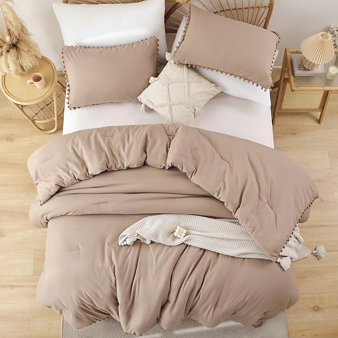 YIRDDEO Twin Comforter Set - Comforter Twin Size Bed with Ball Pom Fringe, Soft Bedding Set for All Seasons - 2 Pieces, 1 Comforter (66"x90") & 1 Pillow Sham(20"x26"), Taupe