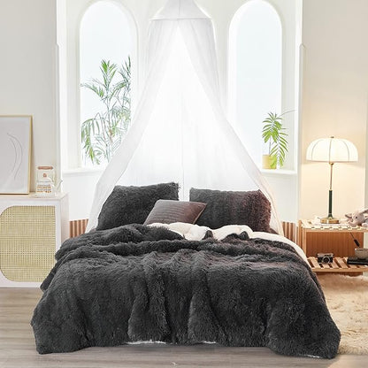 UOZZI BEDDING Black Faux Fur Comforter Set Twin 3 Pieces - 1 Black Shaggy Comforter Set 68x86 and 2 Pillowcases, Ultra Soft and Easy Care Luxury Plush Shaggy Duvet Set