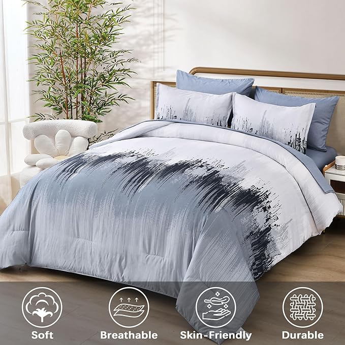 WONGS BEDDING Comforter Set Queen, Blue 7 Pieces Bed in a Bag Abstract Gradient Comforter Dusty Blue Soft Microfiber Bedding with Comforter, Flat Sheet, Fitted Sheet, Pillow Shams,Pillowcases