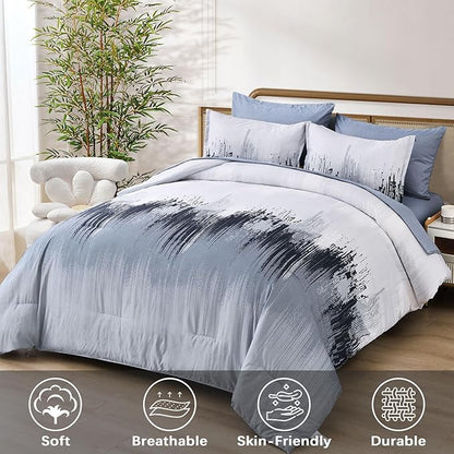 WONGS BEDDING Comforter Set Queen, Blue 7 Pieces Bed in a Bag Abstract Gradient Comforter Dusty Blue Soft Microfiber Bedding with Comforter, Flat Sheet, Fitted Sheet, Pillow Shams,Pillowcases