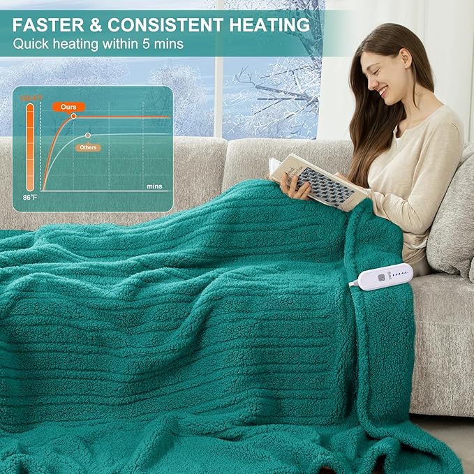 Heated Blanket Twin 62"X84" - Soft Double Sided Sherpa Electric Blanket Twin with 5 Heatings Levels & 10 hrs Auto Shut Off, Fast Heating & ETL Certified, Gift for Women(Green)