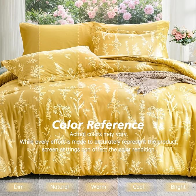 MUXHOMO Bright Yellow Full Comforter Set, Elegant Floral Print Bed in a Bag 7 Pieces, Ultra Soft & Breathable Reversible Botanical Pattern Bedding Set with Comforter, Sheets, Pillowcases, and Shams