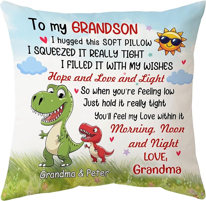 Hyturtle Personalized Grandson Pillow (Insert Included) Gifts from Grandma - Birthday Graduation for Grandson -Cute Dinosaur Custom Name Sofa Couch Cushion Home Decor Pillow