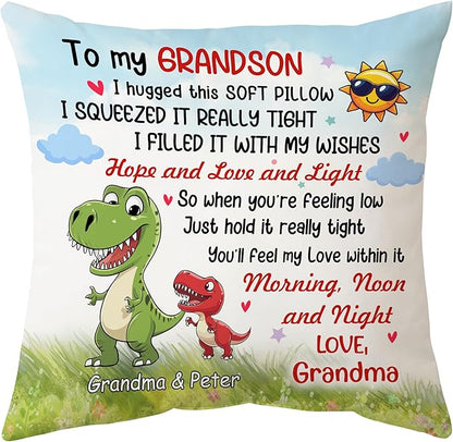 Hyturtle Personalized Grandson Pillow (Insert Included) Gifts from Grandma - Birthday Graduation for Grandson -Cute Dinosaur Custom Name Sofa Couch Cushion Home Decor Pillow