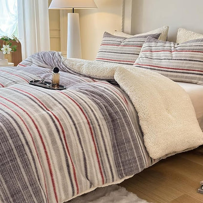 Cyusri Striped Sherpa Comforter Set 3Pcs Fluffy Warm Fleece Down Alternative, Grey Red Bedding Set with 2 Pillowcases, Queen Size 90"x90"