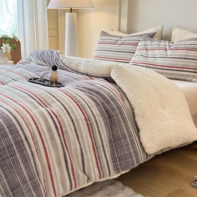 Cyusri Striped Sherpa Comforter Set 3Pcs Fluffy Warm Fleece Down Alternative, Grey Red Bedding Set with 2 Pillowcases, King Size 104"x90"