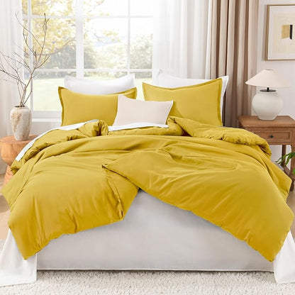 Litanika Mustard Yellow Comforter Set Queen Size, 3 Pieces Lightweight Solid Bedding Comforter Set, All Season Fluffy Bed Set (90x90In Comforter & 2 Pillowcases)