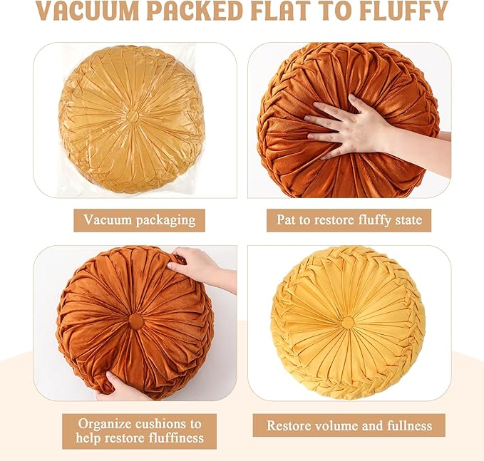 4 Pcs Round Throw Pillows Decorative Velvet Pleated Throw Pillows 15'' Diameter Accent Pumpkin Boho Chair Cushion for Couch Sofa Chair Bed Home Decoration (Burnt Orange,Yellow)