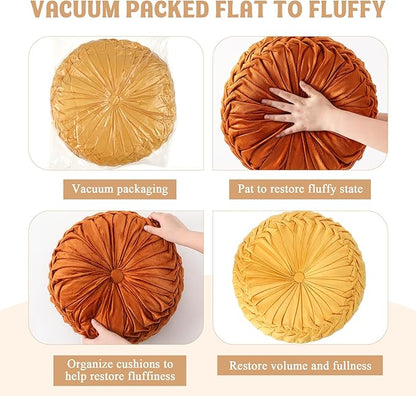 4 Pcs Round Throw Pillows Decorative Velvet Pleated Throw Pillows 15'' Diameter Accent Pumpkin Boho Chair Cushion for Couch Sofa Chair Bed Home Decoration (Burnt Orange,Yellow)