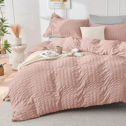 HYMOKEGE Rose Gold/Light Grey King Size Comforter Set Seersucker 7 Pieces, All Season Luxury Bed in a Bag for Bedroom, Bedding Set with Comforter, Sheets, Pillowcases & Shams