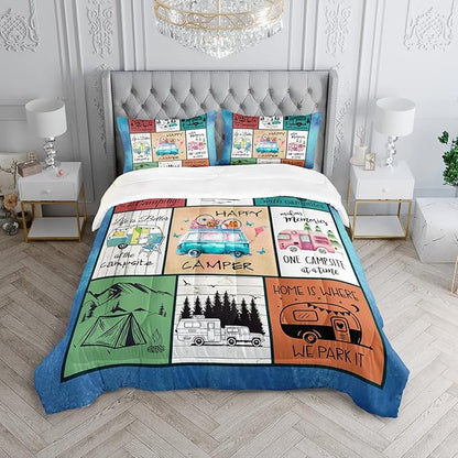 HOSIMA Happy Camping Decor Comforter Set,Cartoon Camper Bedding Queen Size for Kids Teen Girls Boys Room Decor,Camper Accessories for Travel Trailers Themed Bedding with 2 Pillowcases.