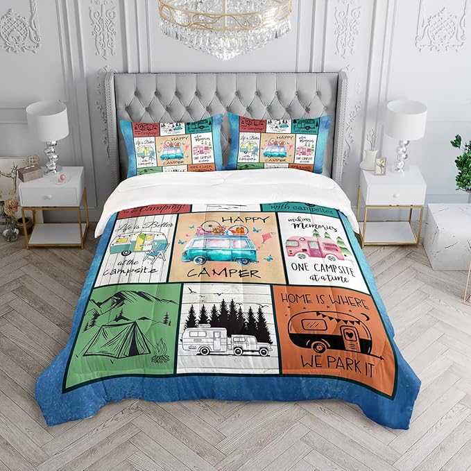 HOSIMA Happy Camping Decor Comforter Set,Cartoon Camper Bedding Queen Size for Kids Teen Girls Boys Room Decor,Camper Accessories for Travel Trailers Themed Bedding with 2 Pillowcases.