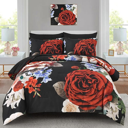 Drucon Queen Comforter Set - 7 Pieces Floral Black Soft Bedding Sets, Queen Bed in a Bag with Botanical Red Flowers Comforter, Sheets, Pillowcases & Shams