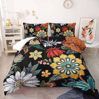 3 Pieces Colorful Floral Comforter Set,Bohemian Botanical Bedding Set King Size,All Season Lightweight Soft Microfiber Bedding with 2 Pillow Shams