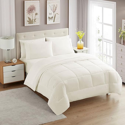 Sweet Home Collection 7 Piece Comforter Set Bag Solid Color All Season Soft Down Alternative Blanket & Luxurious Microfiber Bed Sheets, Ivory, Full