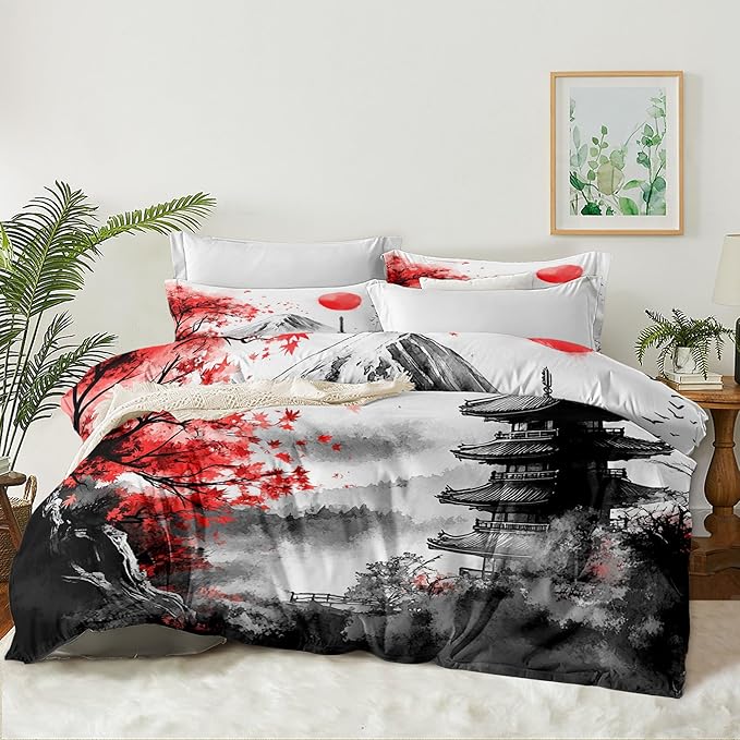 Classical Art Painting Comforter Set Full Size, 3 Pieces Japanese Style Botanical Bedding Sets for Girls, Landscape Maple Leaves Soft Lightweight Down Alternative Comforter(79" X 90")