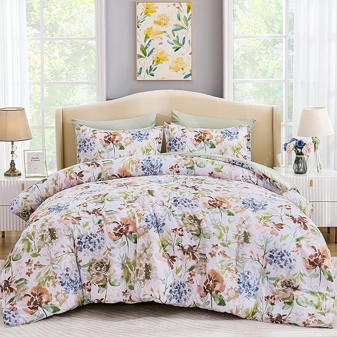 Luxudecor Floral Comforter Set King Size 7 Pieces Bed in a Bag, Green Flower Watercolor Bed Set, Soft Comforter with Sheet Set 104"x90"