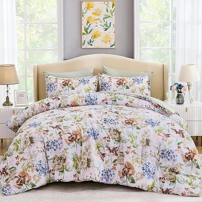 Luxudecor Floral Comforter Set Queen Size 7 Pieces Bed in a Bag, Green Flower Watercolor Bed Set, Soft Comforter with Sheet Set 90"x90"