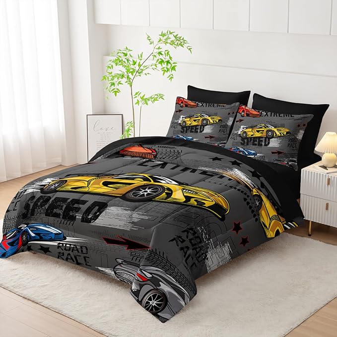 7 Piece Race Car Comforter Set with Sheets Queen Bed，Race Car Queen Bedding Sets for Boys，(1 Comforter, 1 Flat Sheet, 1 Fitted Sheet, 2 Pillowcase and 2 Pillow Sham)