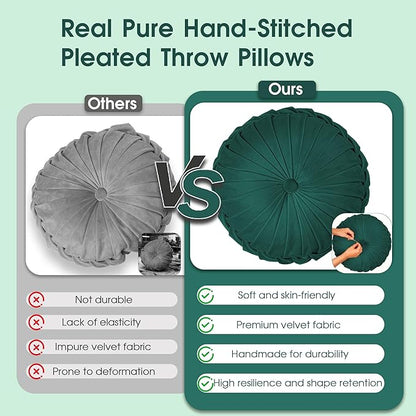 ROSE&RISY Round Pleated Hand-Stitched Velvet Throw Pillow, 1 Pcs Decorative Accent Pumpkin Pillow Cushion for Couch Sofa Chair Bed Car Home Decor (14.5 Inch, Teal)