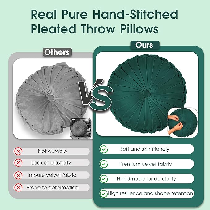 ROSE&RISY Round Pleated Velvet Throw Pillows, 2 Pcs Decorative Accent Pumpkin Pillow Cushion for Couch Sofa Chair Bed Car Home Decor (14.5 Inch, Teal)