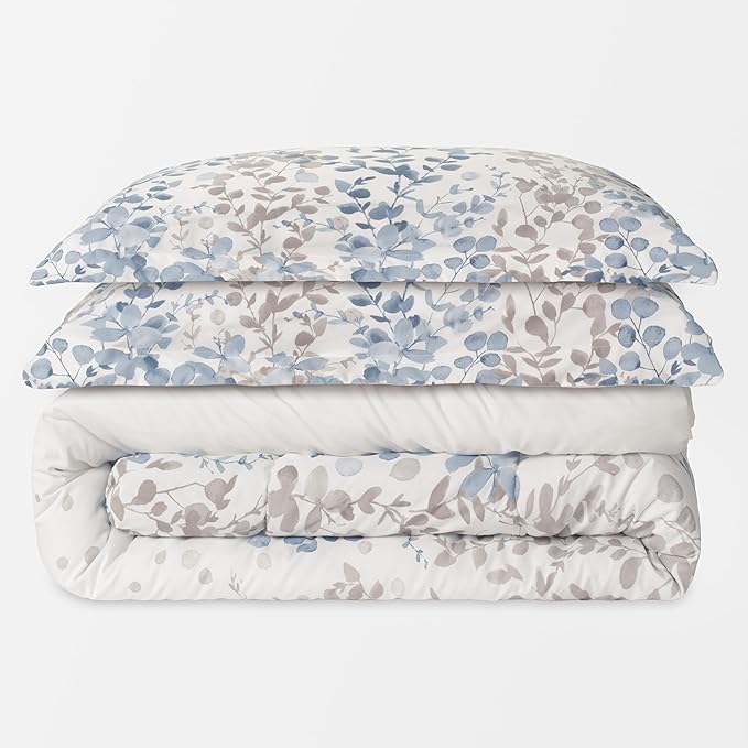 Chanasya Premium Queen Size Watercolor Leaf Vines Comforter Set – Soft Blue Gray Botanical Microfiber Bedding – 3 Piece Set with 1 Comforter and 2 Pillow Shams - Queen